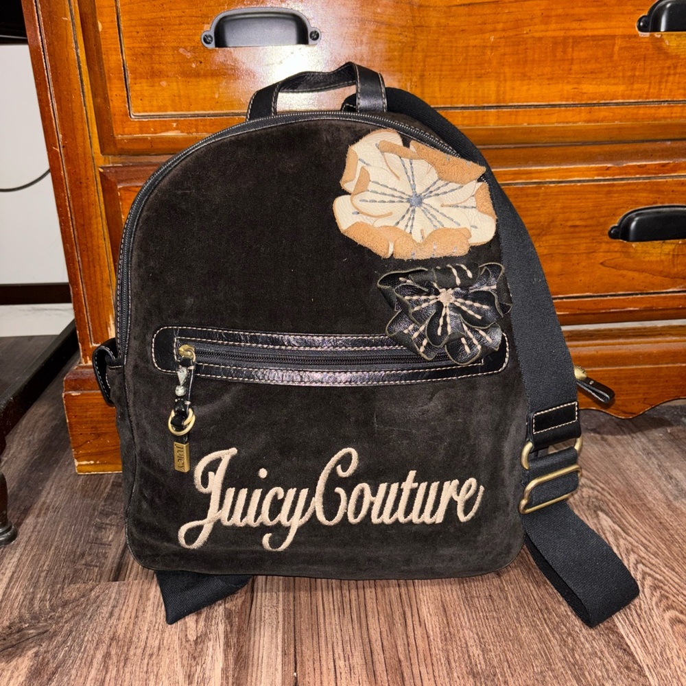 RARE Juicy Couture Velour Black Backpack with Leather Accents